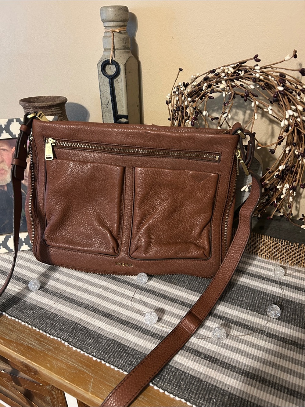 Fossil Brown Pebbled Leather Messenger Bag with Gold Hardware
